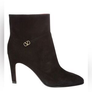 Valentino Garavani VLogo Suede Black Ankle Boots Short Heel Size EU 37 US 7